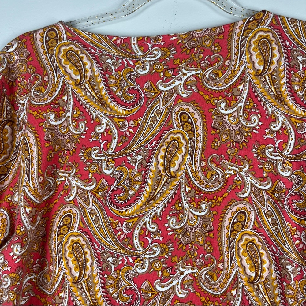 Talbots Faux Wrap Coral Tan Paisley Ruched Surplice Top Blouse Work Fall Large - Picture 7 of 8